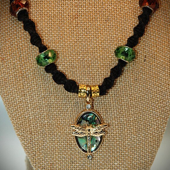 Abalone & Rhinestone Gold-toned Dragonfly on 19 1/2" Black Handmade Hemp Chain - Picture 3 of 5
